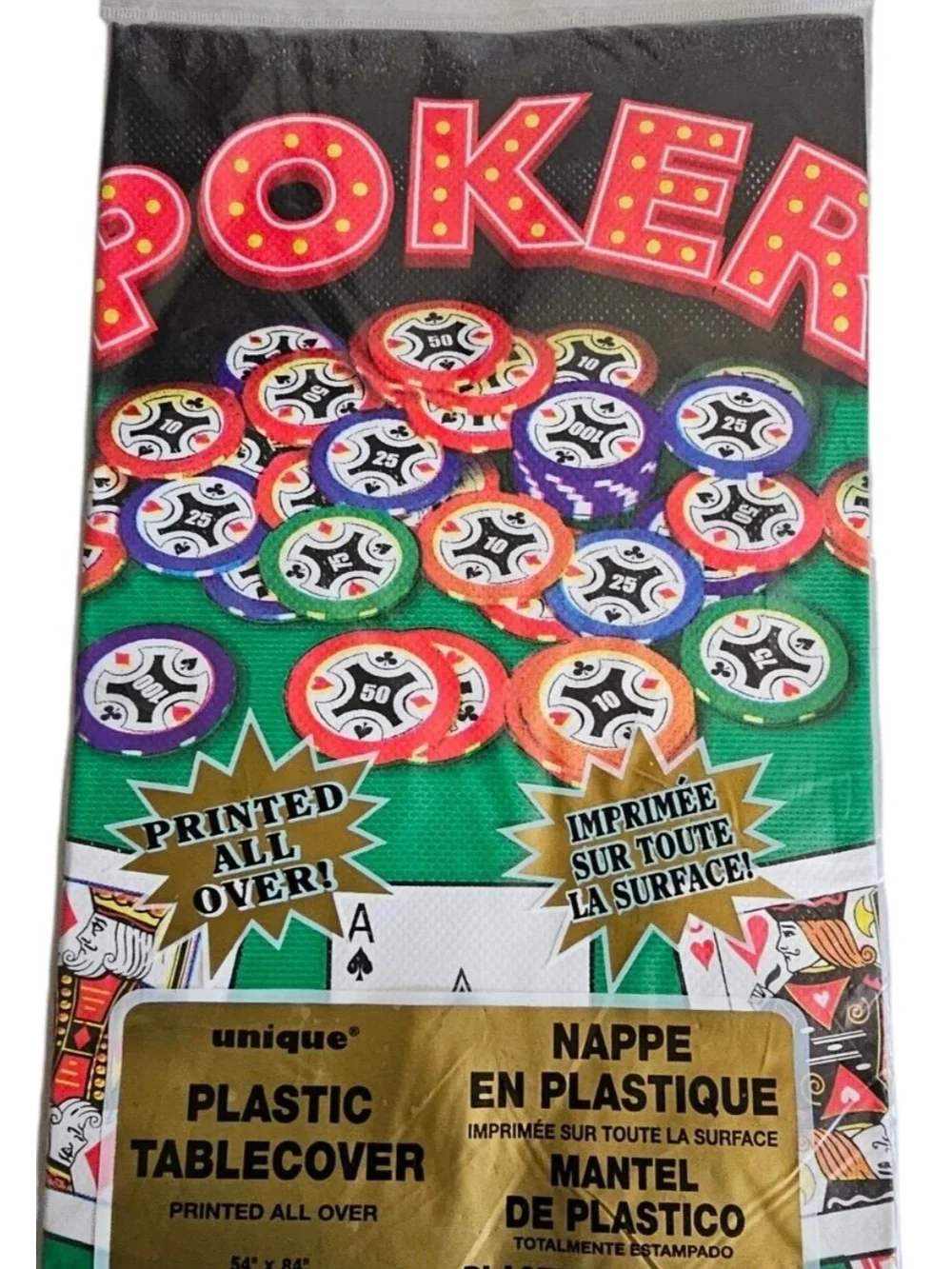 Nique Green Poker Chips Plastic Tablecover with Multicolor Chips Print